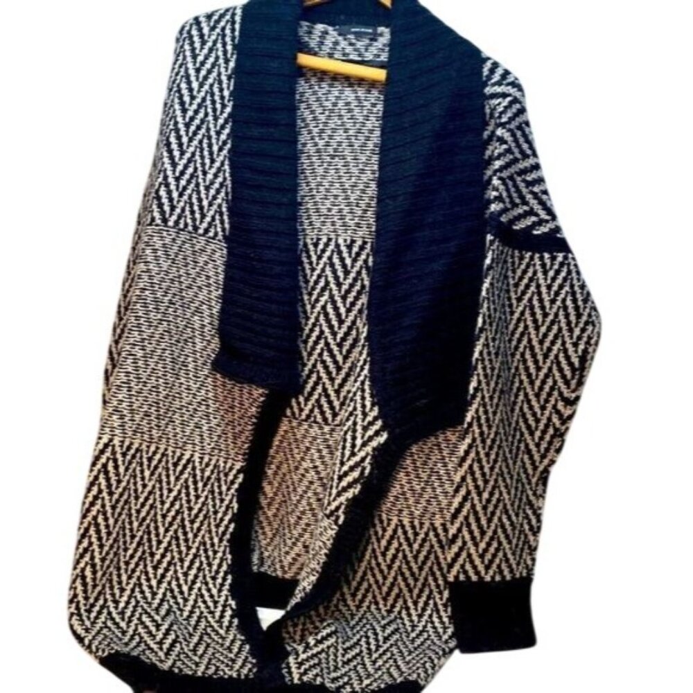 DKNY Jeans Black & White Chevron Patterned Open-Front Cardigan Sweater With Alpa